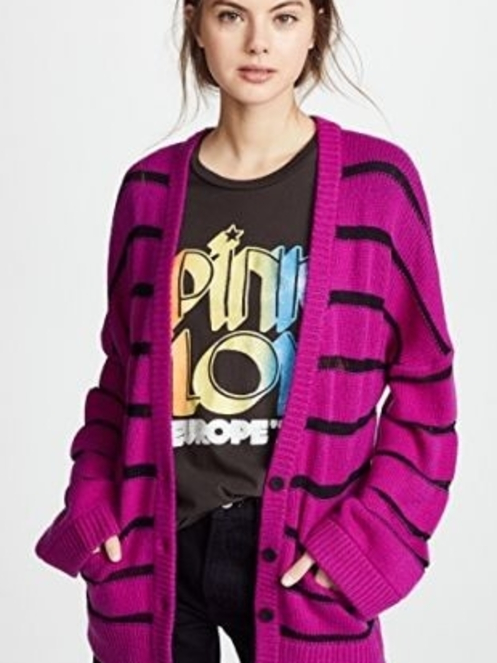 RtA 100% Cashmere Magenta Black Striped Oversized Cardigan Sweater